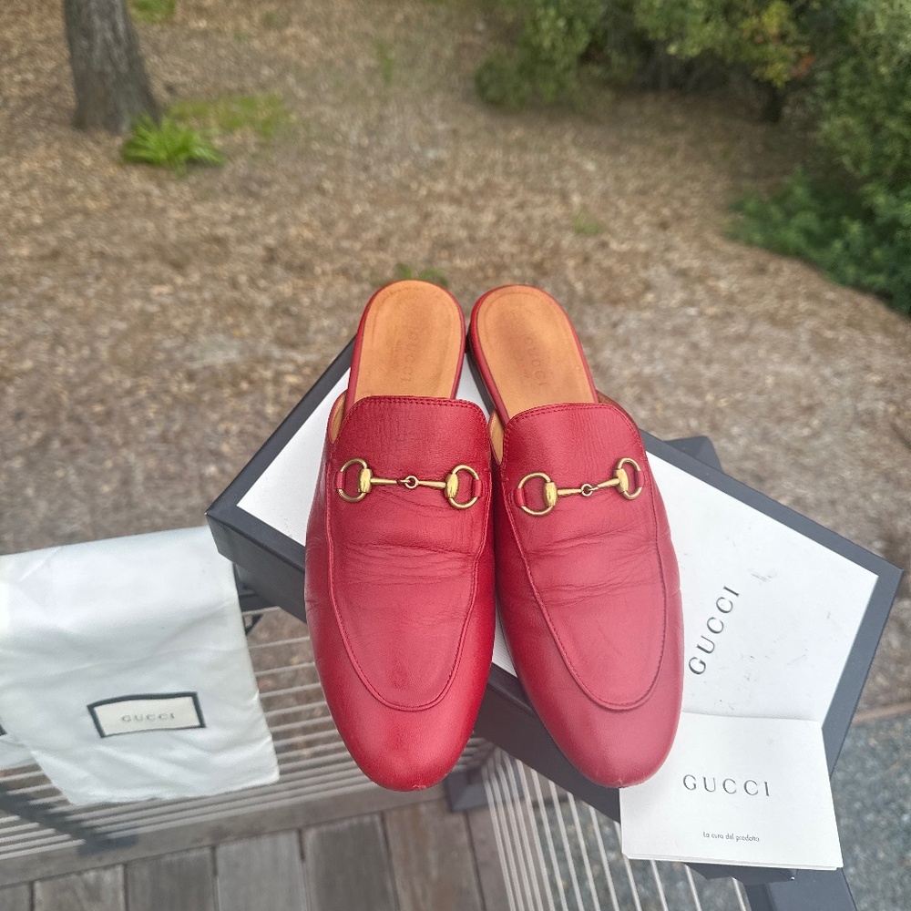 GUCCI PRINCETOWN 39.5 HIBICUS RED MULES 9.5 US PREOWNED EXCELLENT
